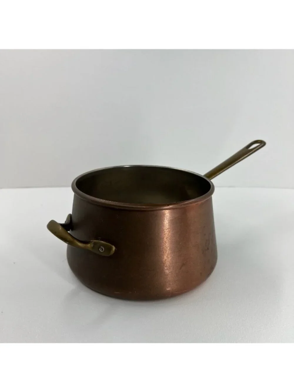 Vintage Solid Copper Saucepan Tin Lined Brass Long & Helper Handle Pot